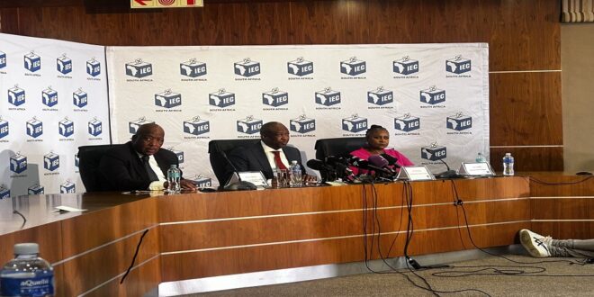 The Electoral Commission (IEC) Chief Electoral Officer Sy Mamabolo addresses a media briefing in Centurion, Pretoria on March 10, 2026.