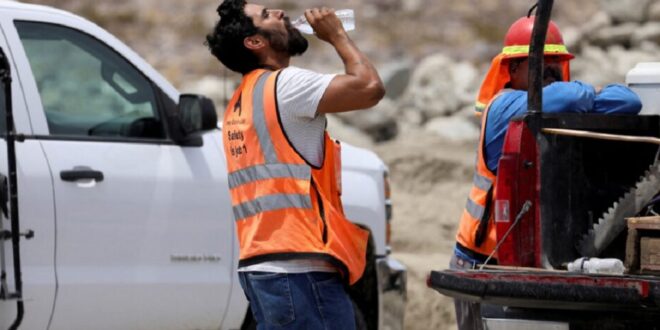 A construction worker seen drinking water during a hot day.
